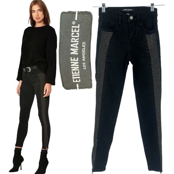 Ettiene Marcel Black Denim Stud Jeans Size Zip Ankle Skinny Style# EM1059 Sz 25 - Picture 1 of 15